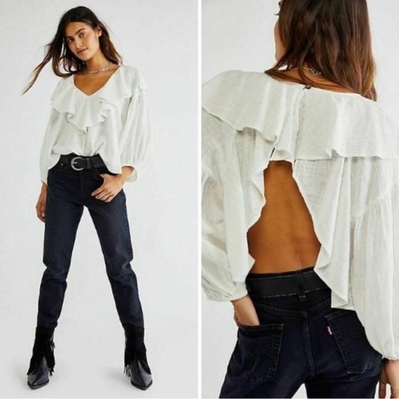 Free People Revolve Zuri Open Back Ruffle Blouse in Ivory - Picture 1 of 12